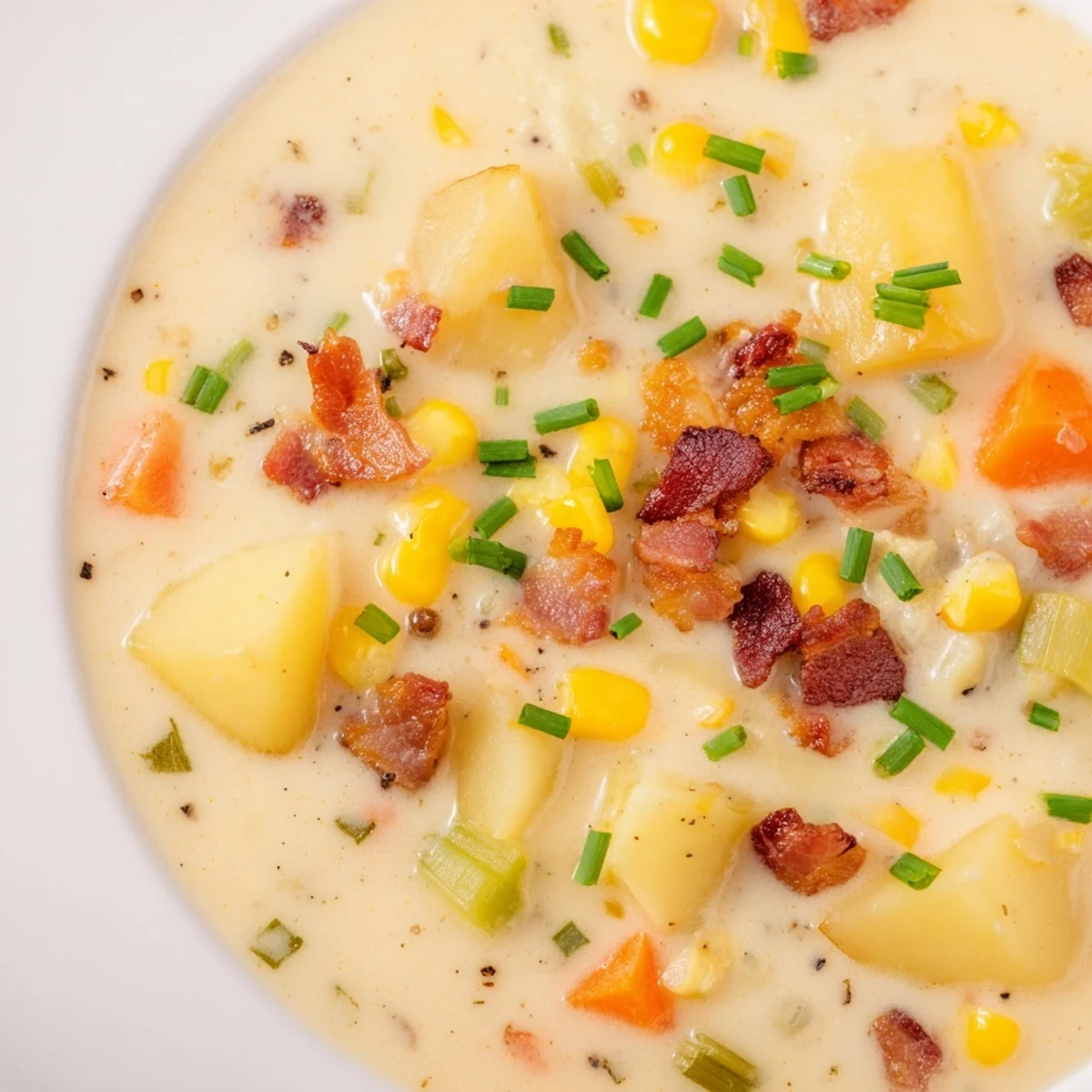 Creamy Corn Chowder, a thick and hearty soup, is served in a bowl, garnished with fresh chives.