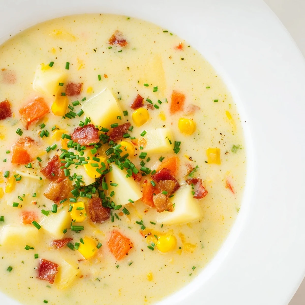 A steaming bowl of Creamy Corn Chowder, featuring visible corn kernels and bits of bacon, awaiting you.