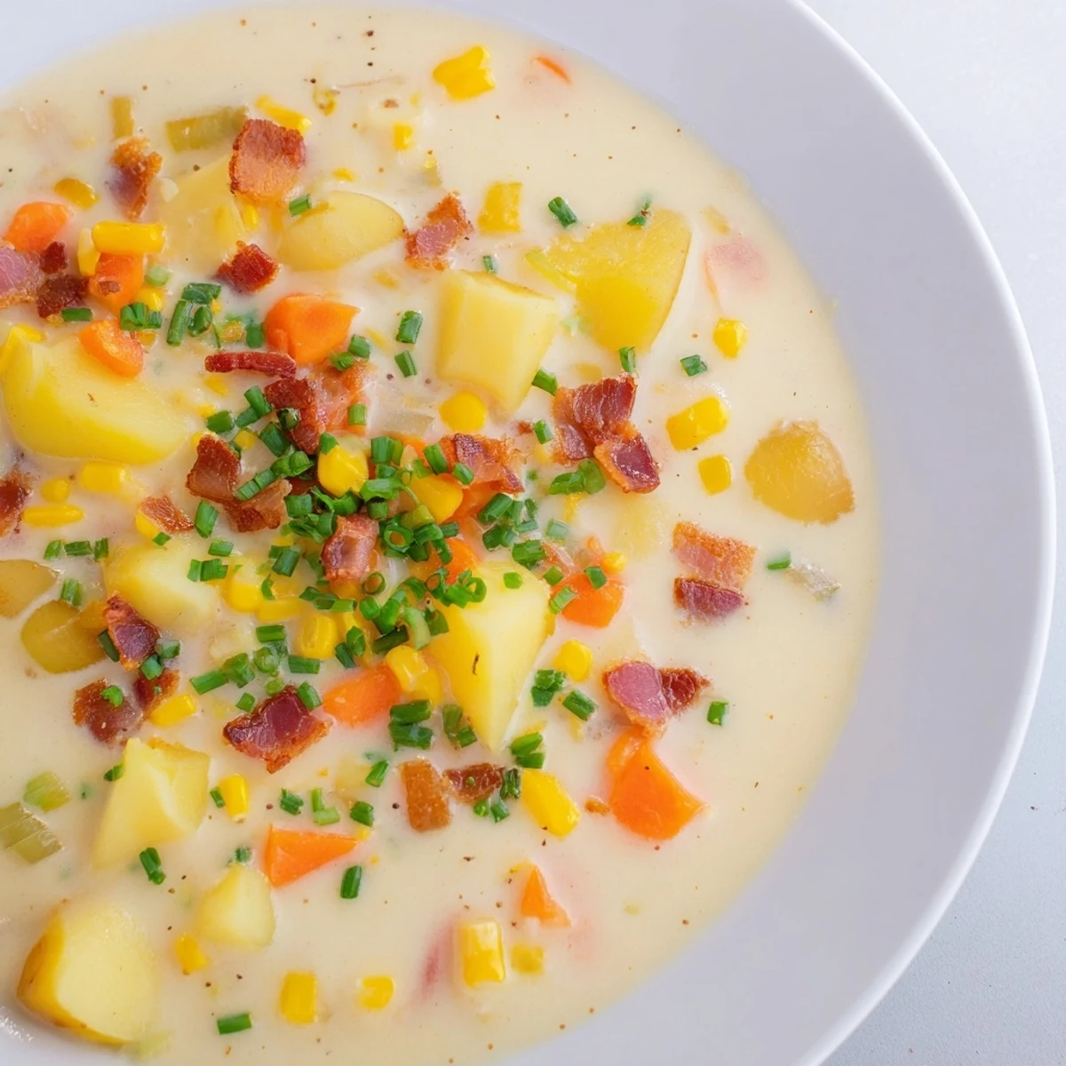 This photo depicts a comforting bowl of warm Creamy Corn Chowder garnished with fresh herbs and crunchy bacon.