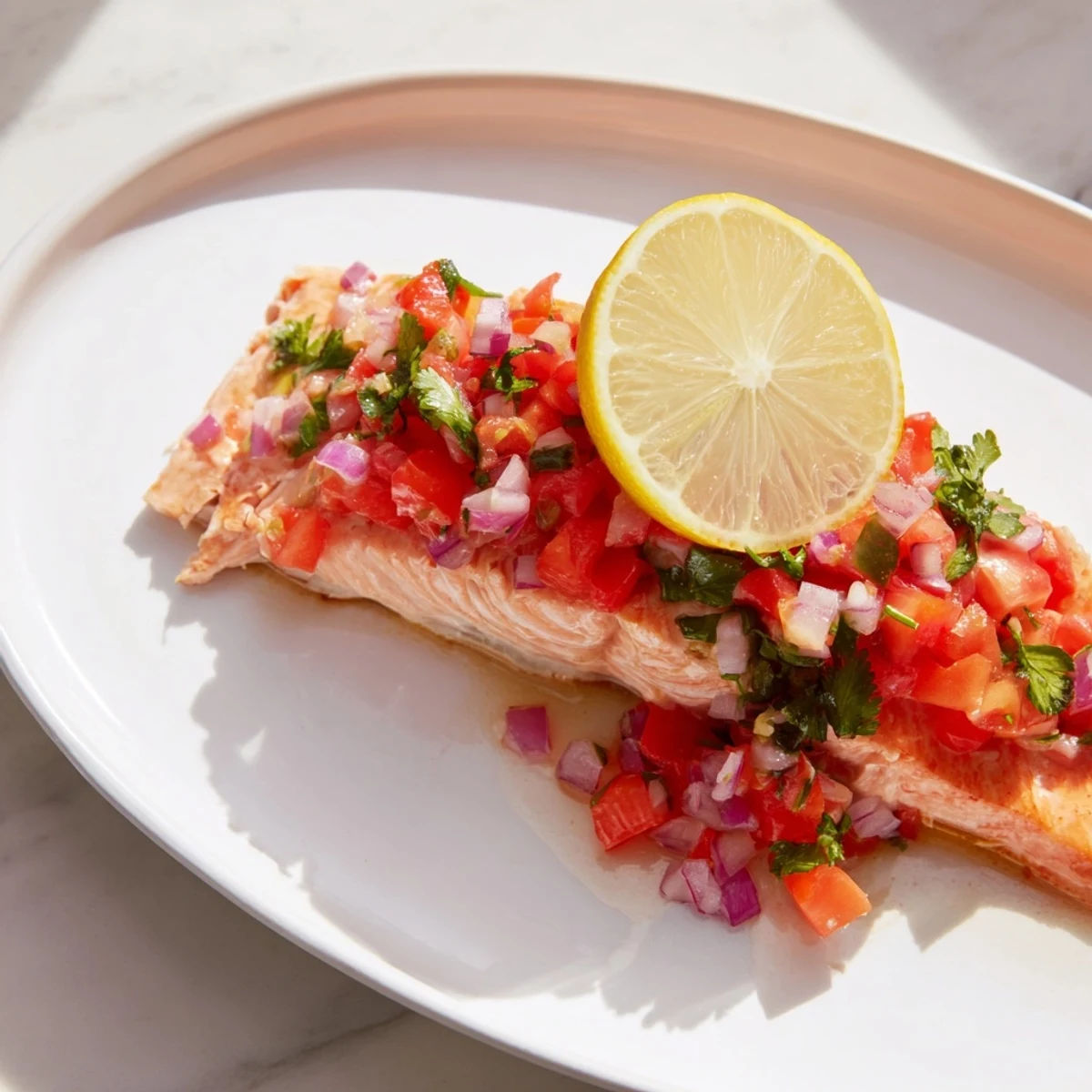 Flaky baked salmon with fresh salsa, vibrant and colorful, ready for serving tonight.