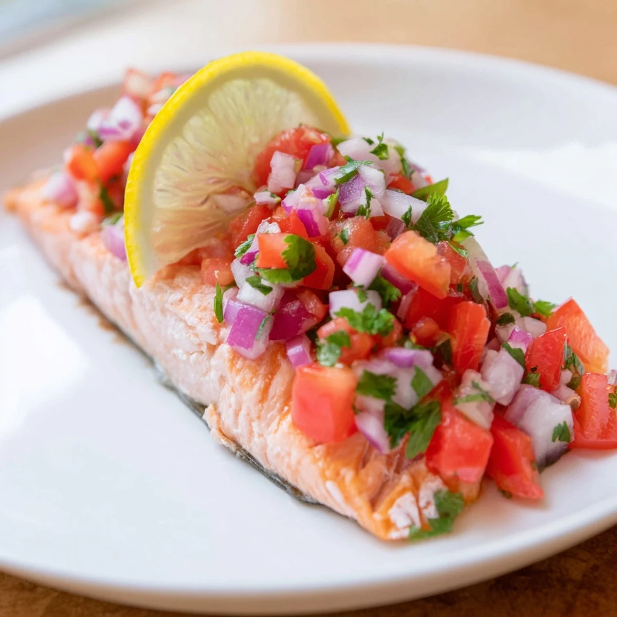 Close up shows cooked baked salmon with fresh salsa, bursting with juicy tomatoes.