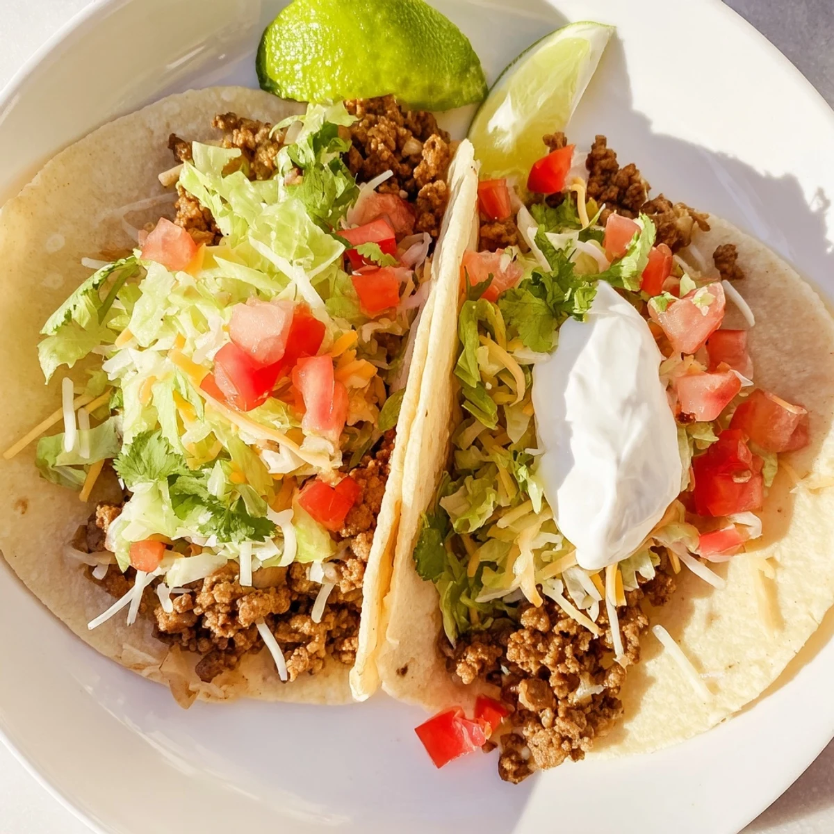 Homemade beef tacos, with a close-up of tender beef and vibrant tomato alongside fresh cilantro.