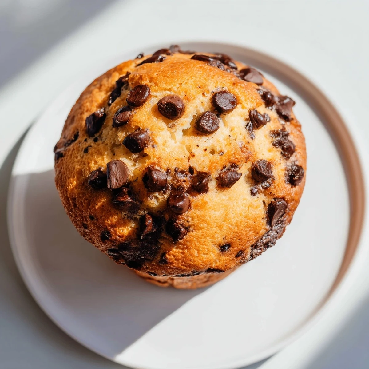 Warm chocolate chip muffins, bakery-style with a golden-brown crust and melting chips inside.
