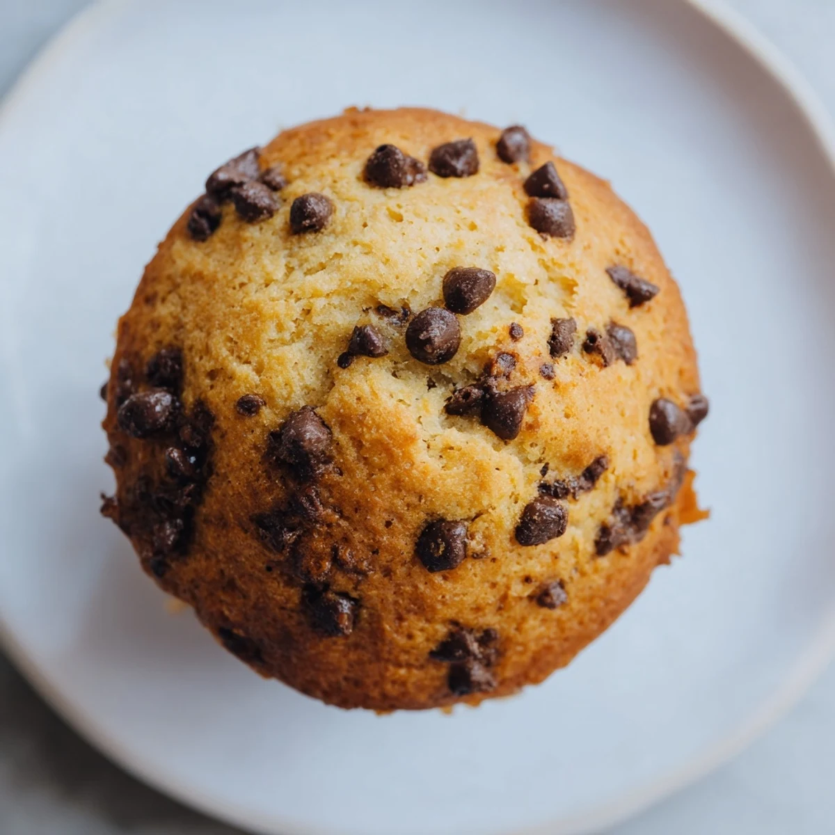 Freshly baked chocolate chip muffins, ideal for breakfast, showing delicious, sweet, visible chips.