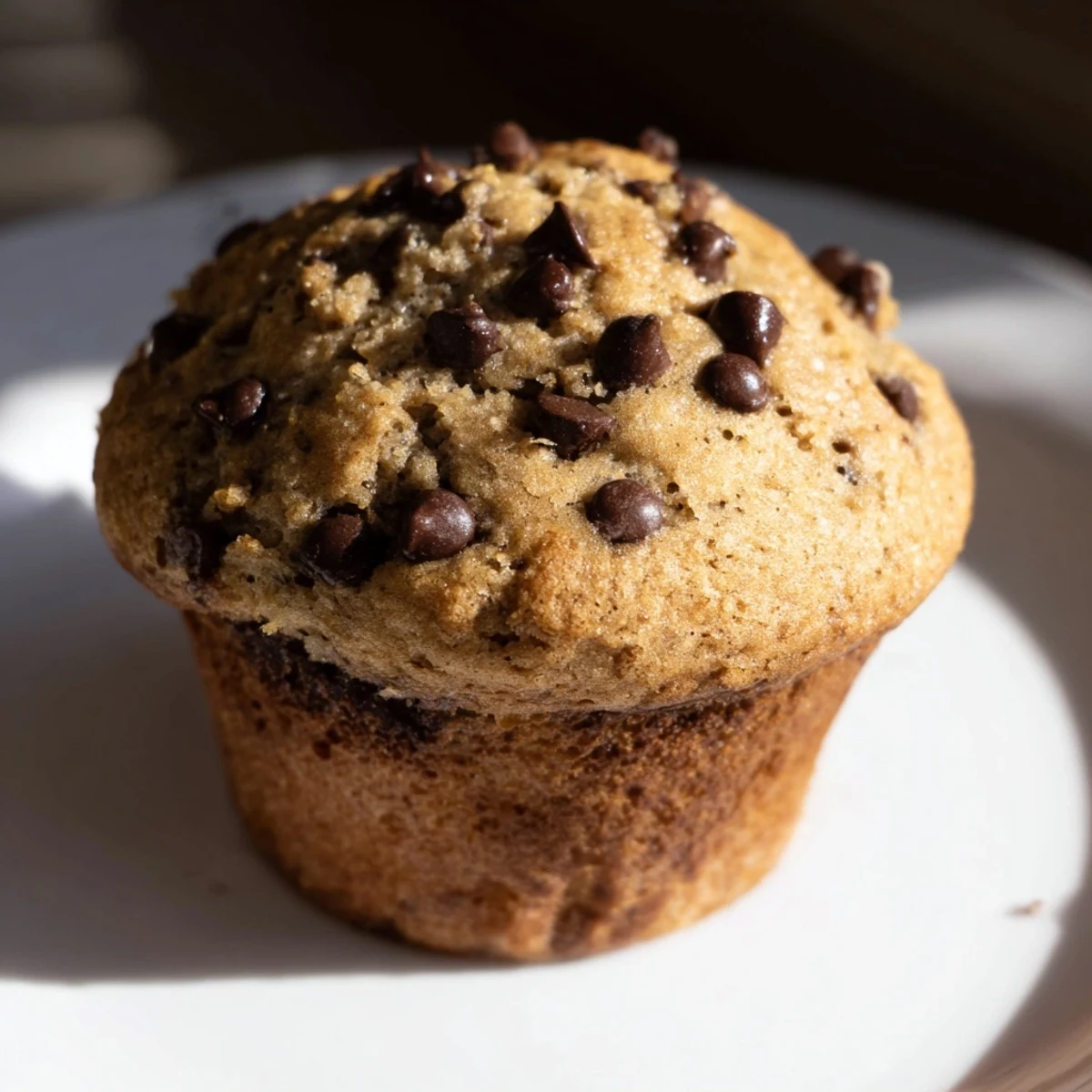 Close-up of golden chocolate chip muffins, served warm and ready to enjoy with a cup of coffee.