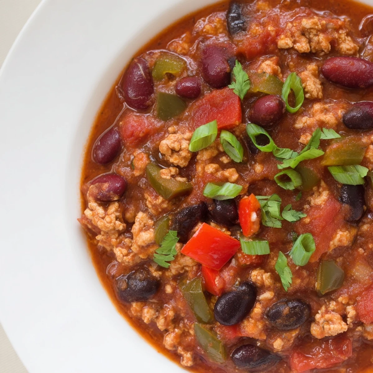 A steaming bowl of turkey chili with beans, garnished with fresh cilantro, ready to enjoy.