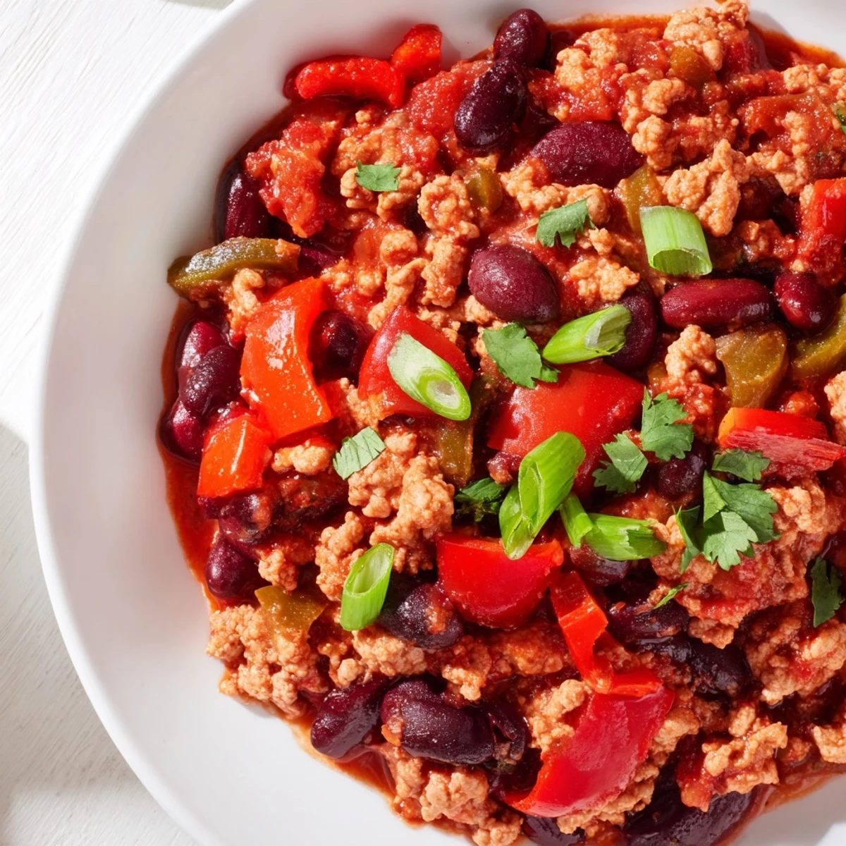 Close-up of bubbling turkey chili with beans, illustrating a flavorful blend of spices and textures.