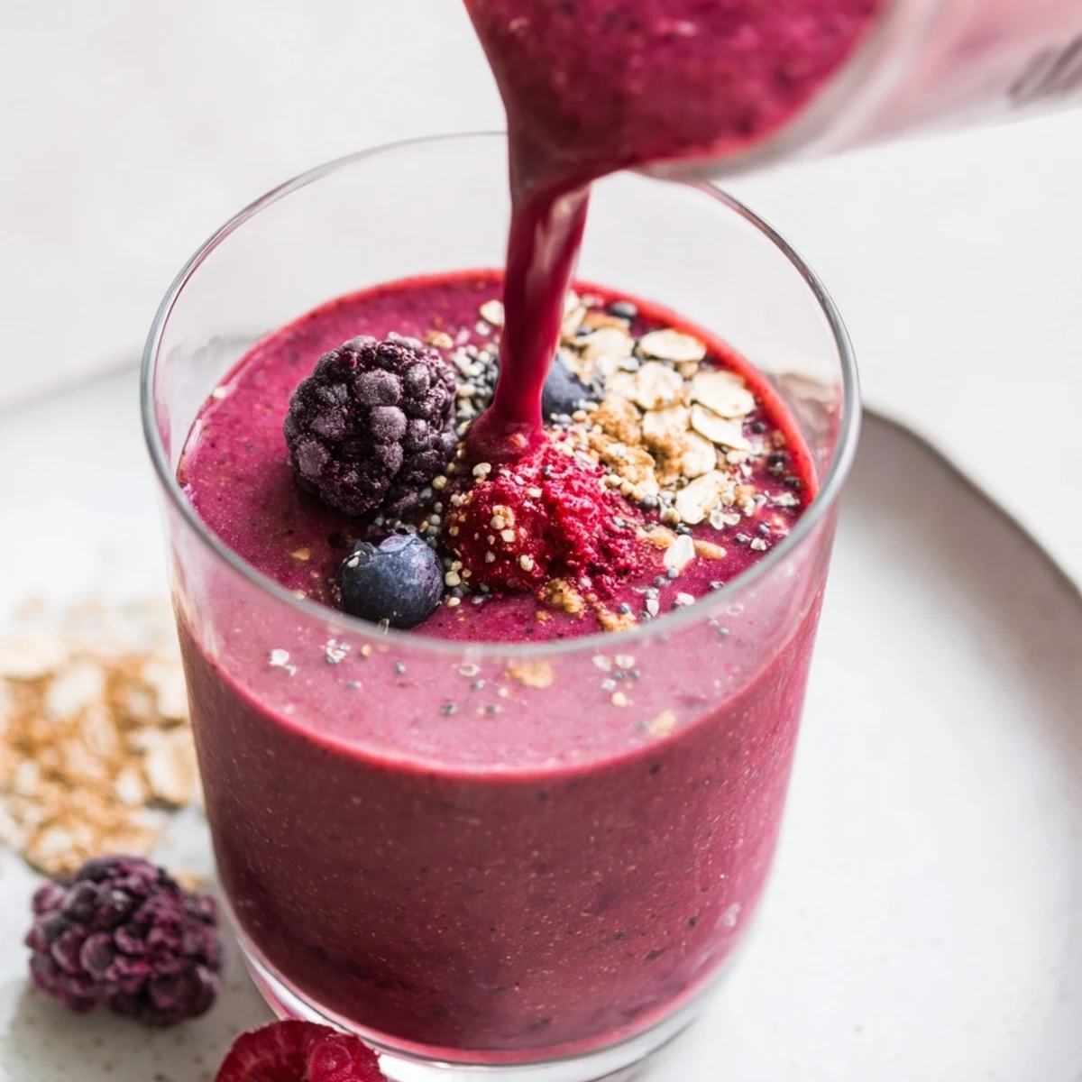 Creamy winter berry smoothie, bursting with mixed frozen berries, a breakfast treat.