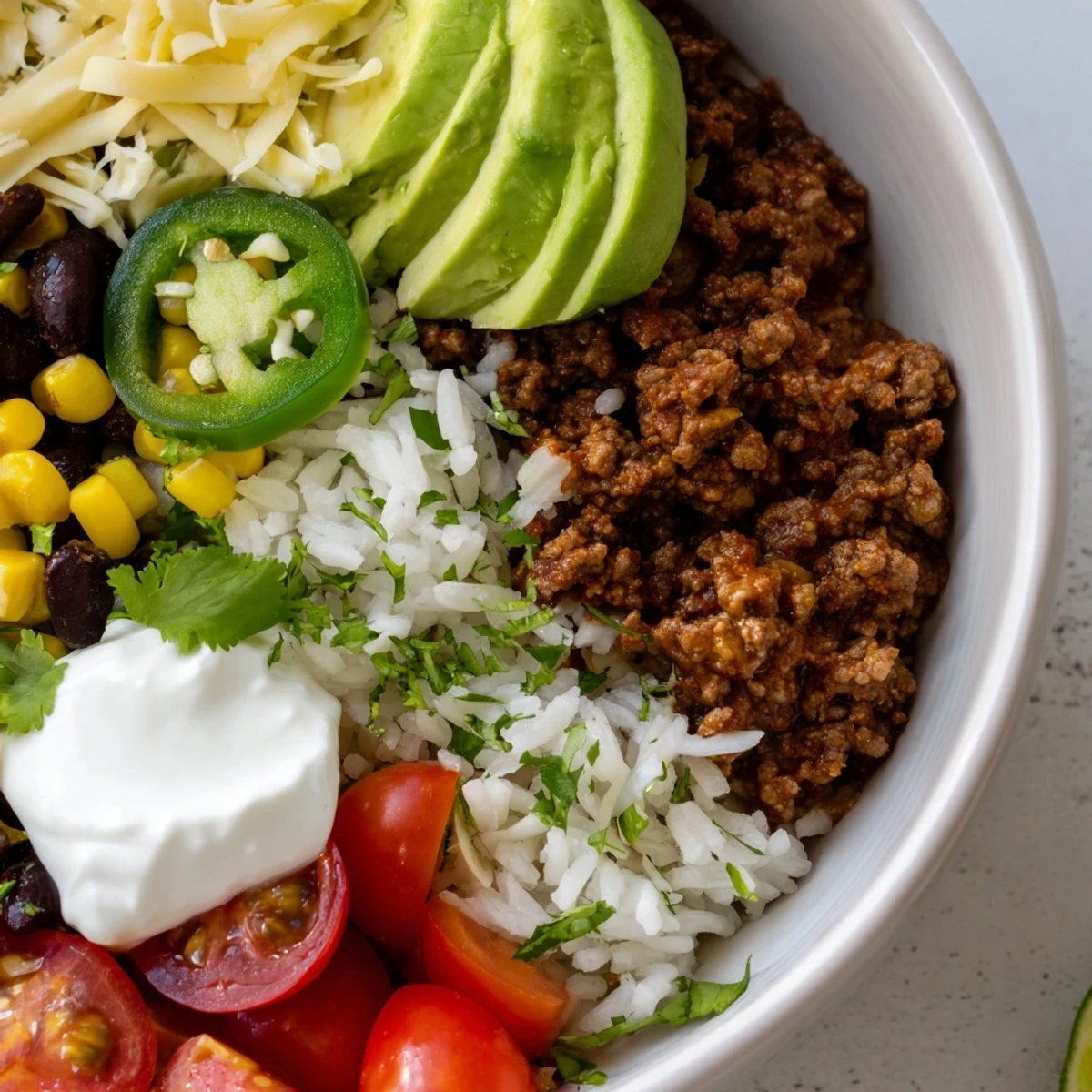 Freshly prepared Beef Burrito Bowls with Cilantro Lime Rice topped with melted cheese and creamy avocado slices.