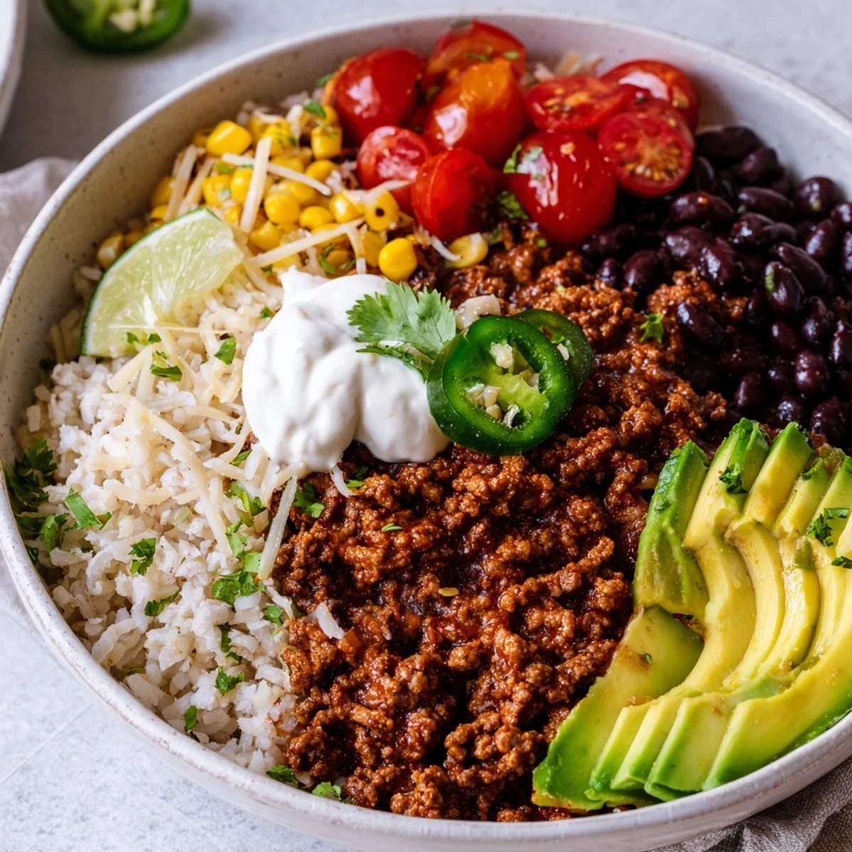 Serve these Beef Burrito Bowls with Cilantro Lime Rice, garnished with jalapeños and a side of lime wedges.