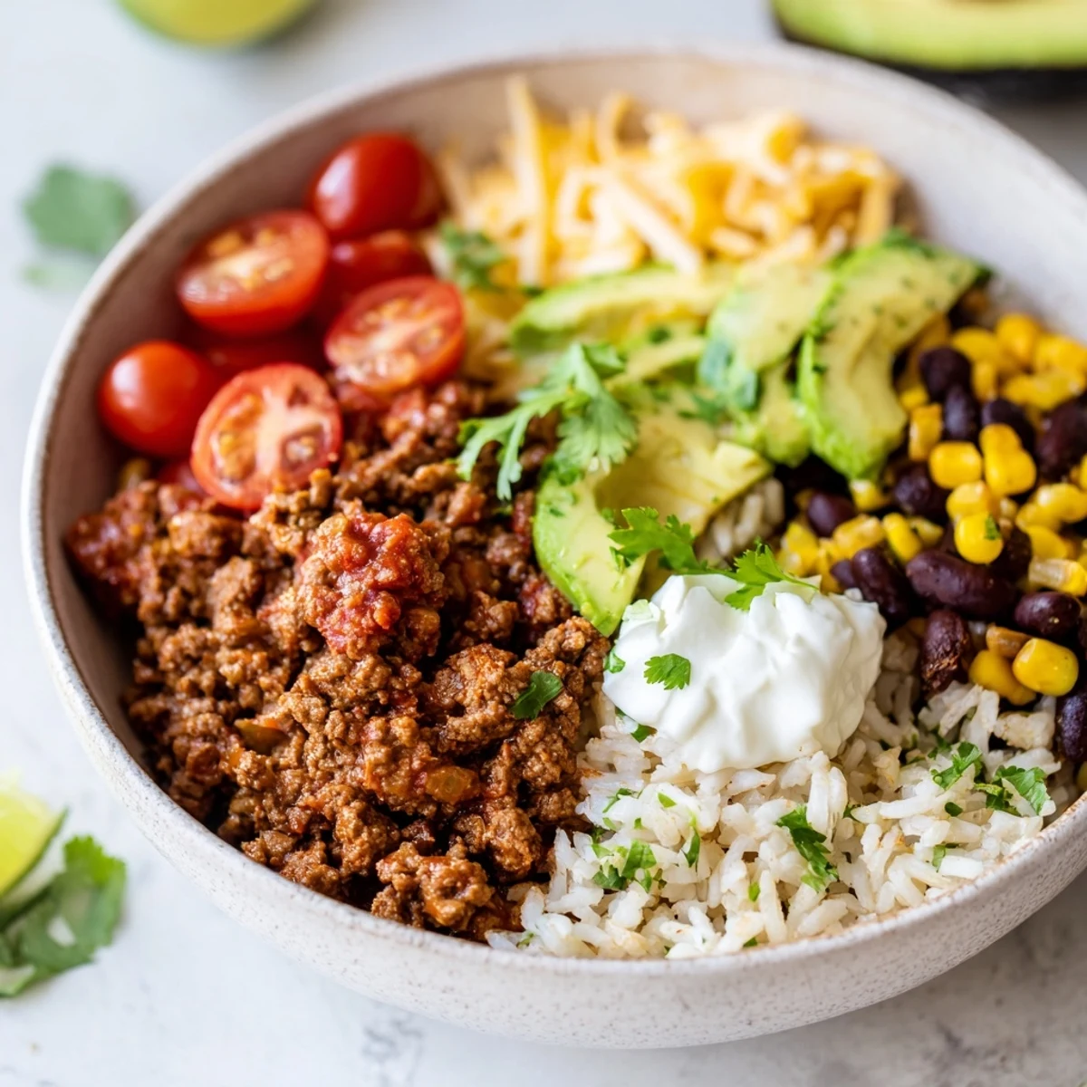 A hearty Beef Burrito Bowls with Cilantro Lime Rice featuring seasoned ground beef, black beans, and vibrant corn.