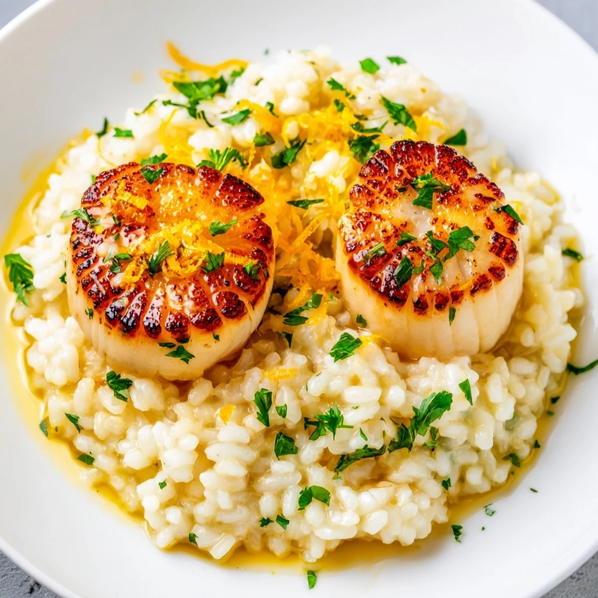 Golden-brown scallops in a lemon-garlic butter sauce sit atop a creamy, cheesy risotto.