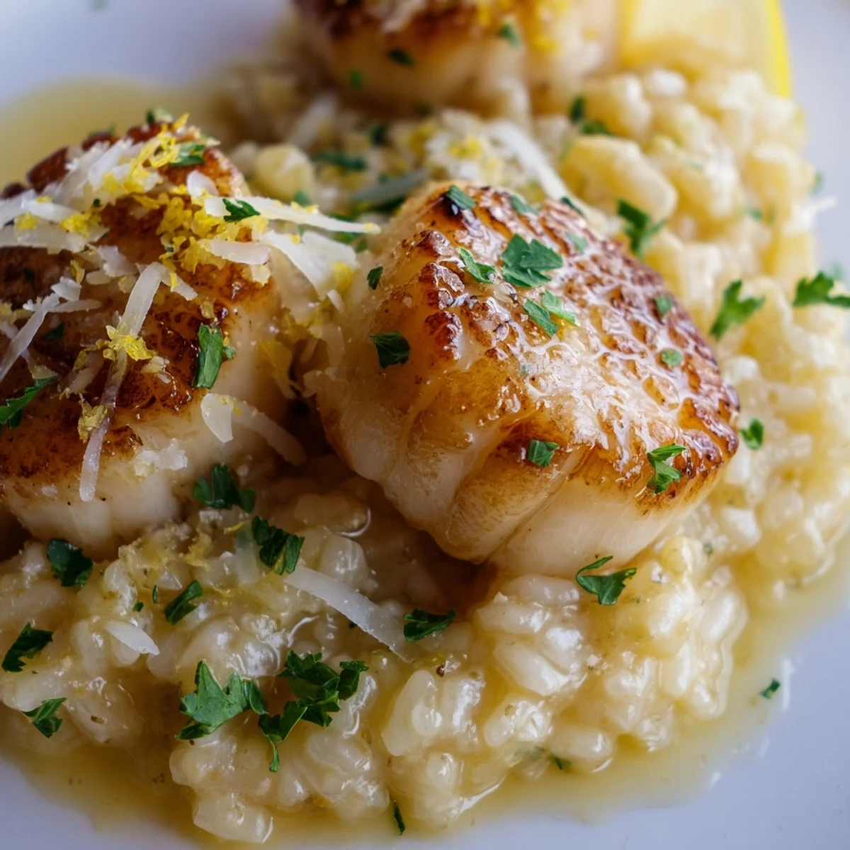 An elegant white plate features Lemon Garlic Scallops with Creamy Risotto, drizzled with sauce.