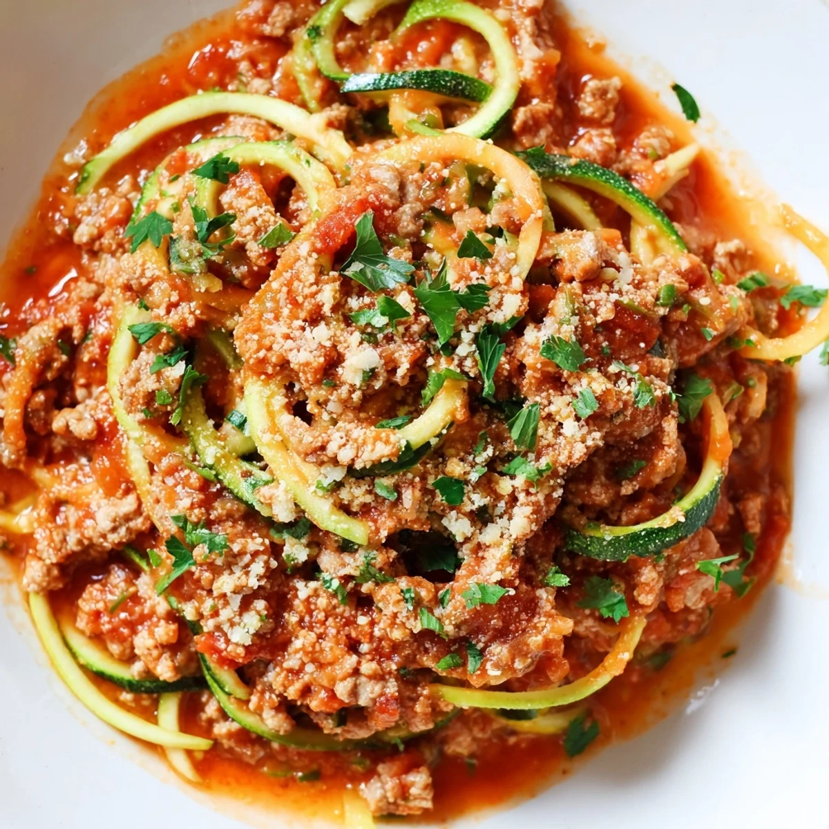 Freshly sautéed ground turkey Bolognese sauce spooned over tender zucchini noodles in a white bowl.