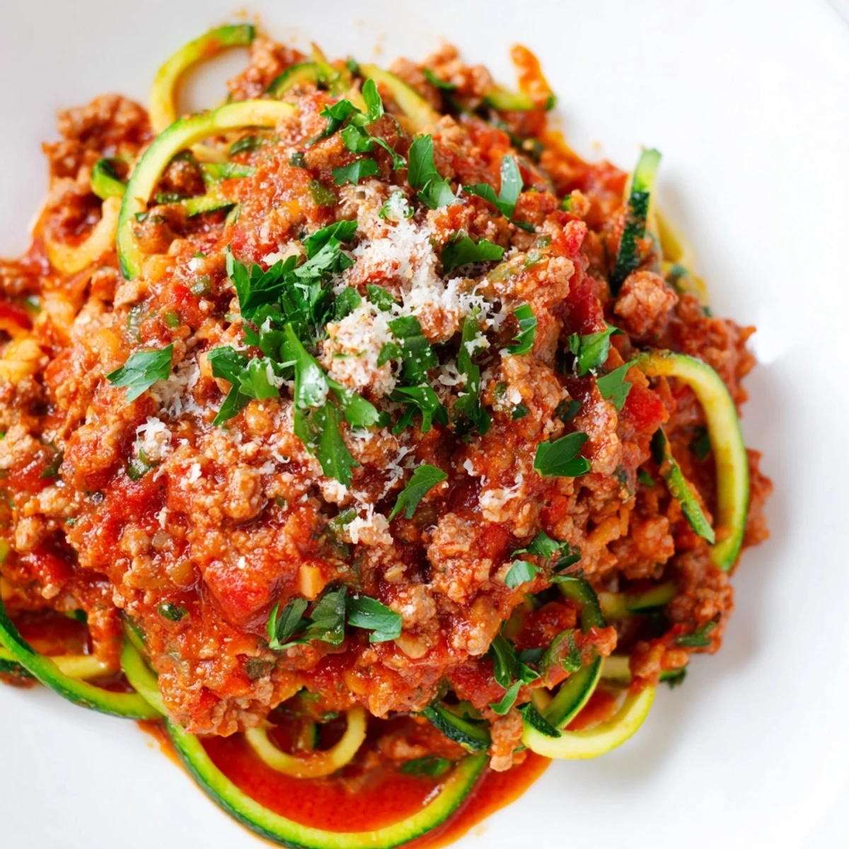 Healthy low carb Turkey Bolognese Sauce with Zucchini Noodles topped with parsley on a rustic table.