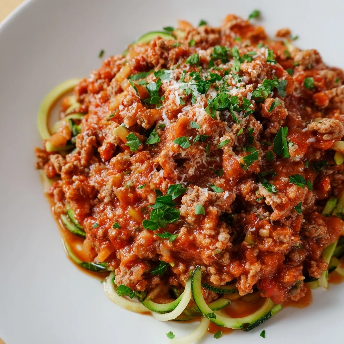 Sizzling turkey Bolognese simmering with herbs and tomatoes, served with light and crisp zucchini noodles.