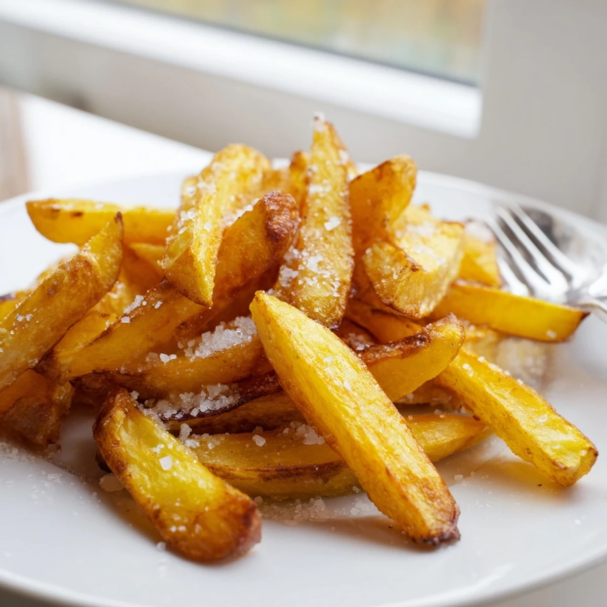 Golden, crispy Air Fryer French Fries with Sea Salt piled high on a plate, perfect for a healthy snack.