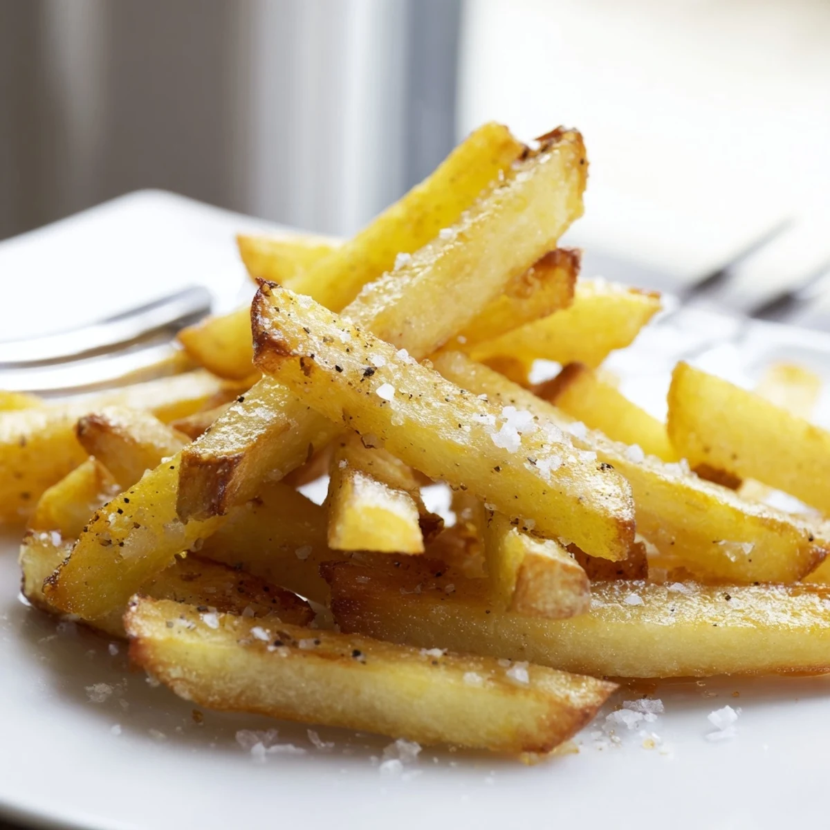 Freshly cooked Air Fryer French Fries with Sea Salt featuring golden edges and fluffy centers ready to eat.