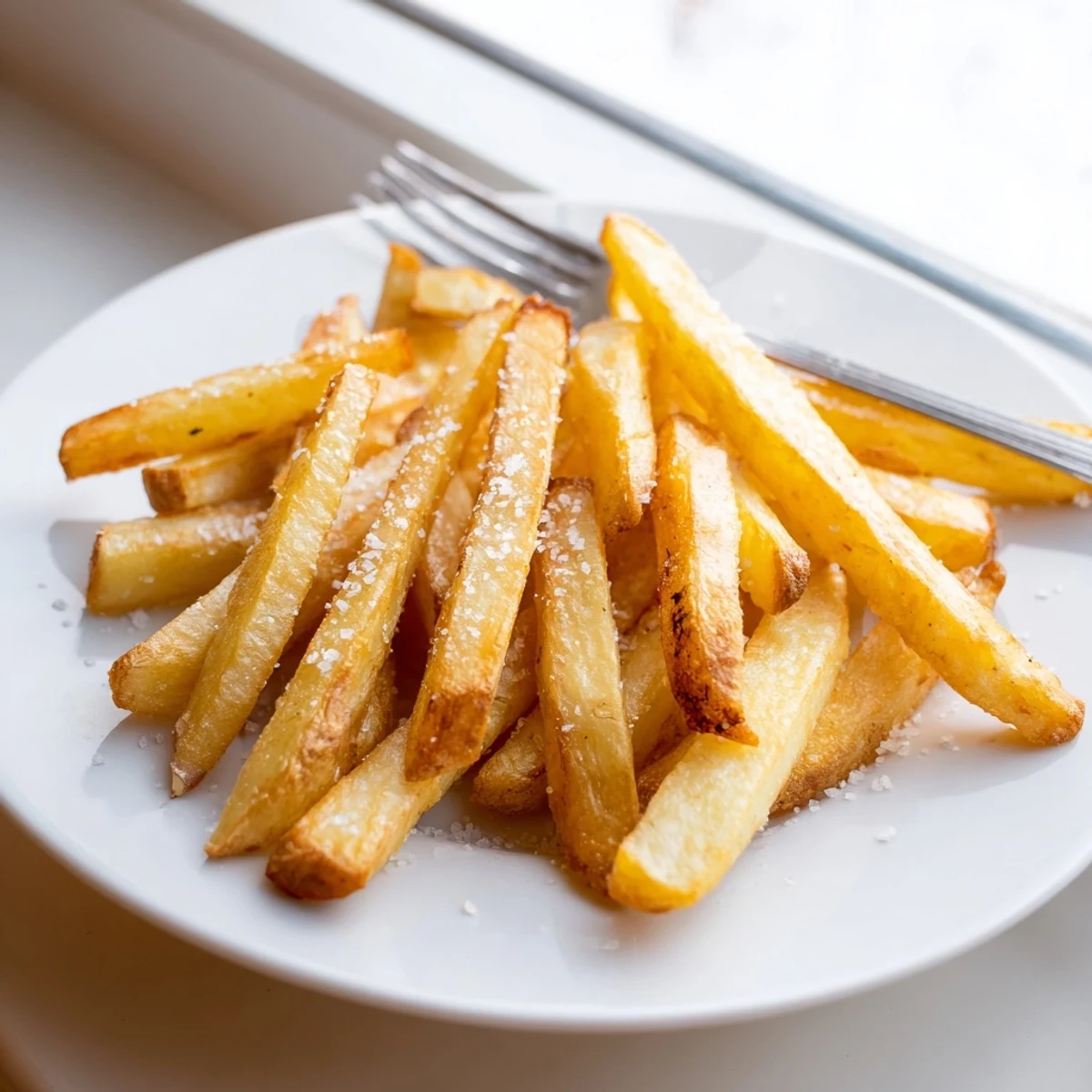A close-up of crunchy Air Fryer French Fries with Sea Salt, served alongside ketchup for dipping.