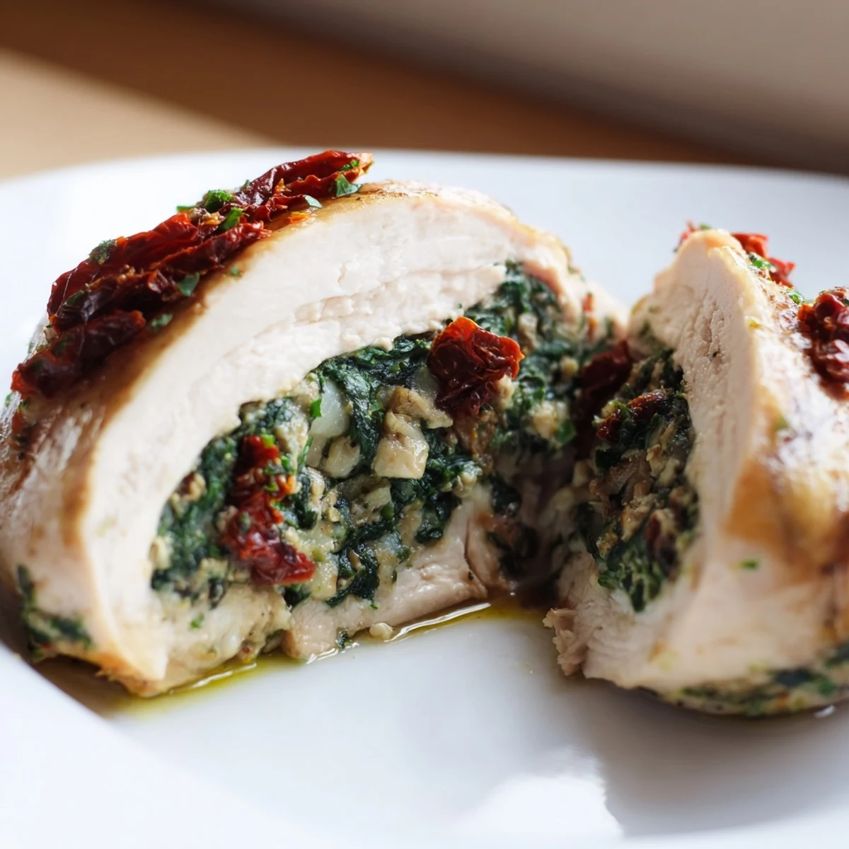 Juicy baked Spinach and Feta Stuffed Chicken Breast served with roasted vegetables.
