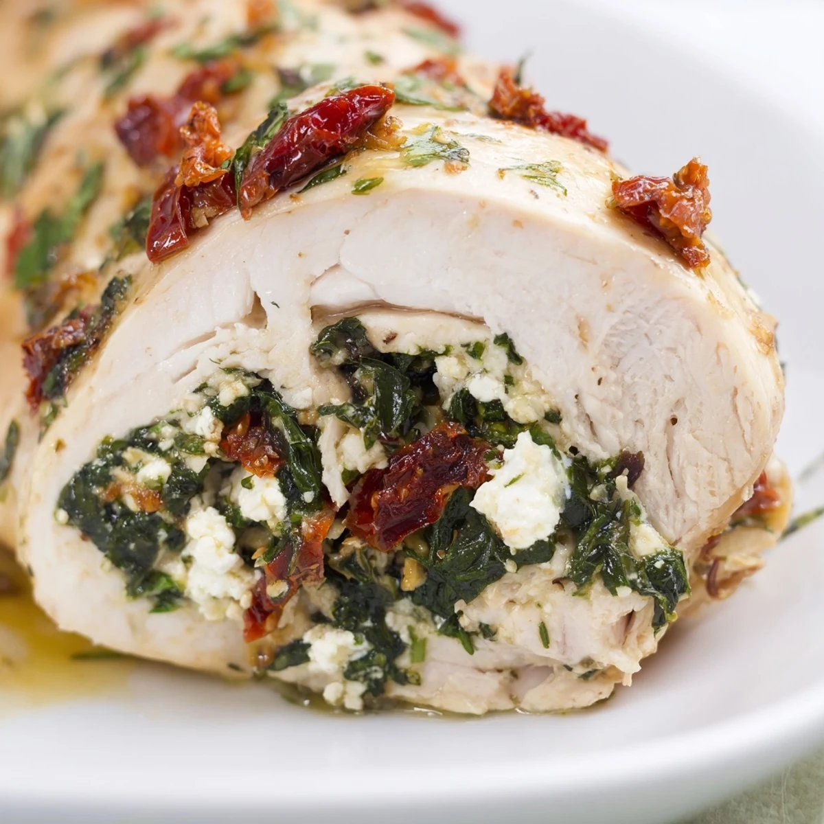 Freshly cooked Spinach and Feta Stuffed Chicken Breast resting in a ceramic baking dish.