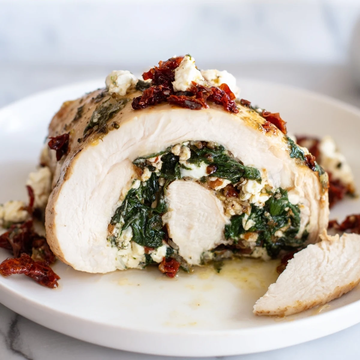 Four golden Spinach and Feta Stuffed Chicken Breast slices on a white plate.