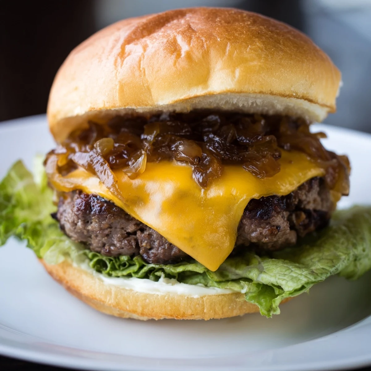 Golden brown Beef Sliders with Caramelized Onions and Cheese on a slate serving board with fresh pickles.