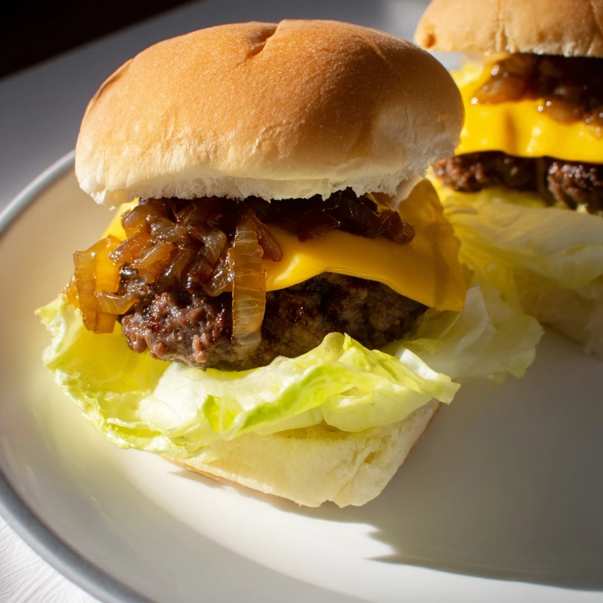 Warm soft buns holding Beef Sliders with Caramelized Onions and Cheese on a rustic wooden table.