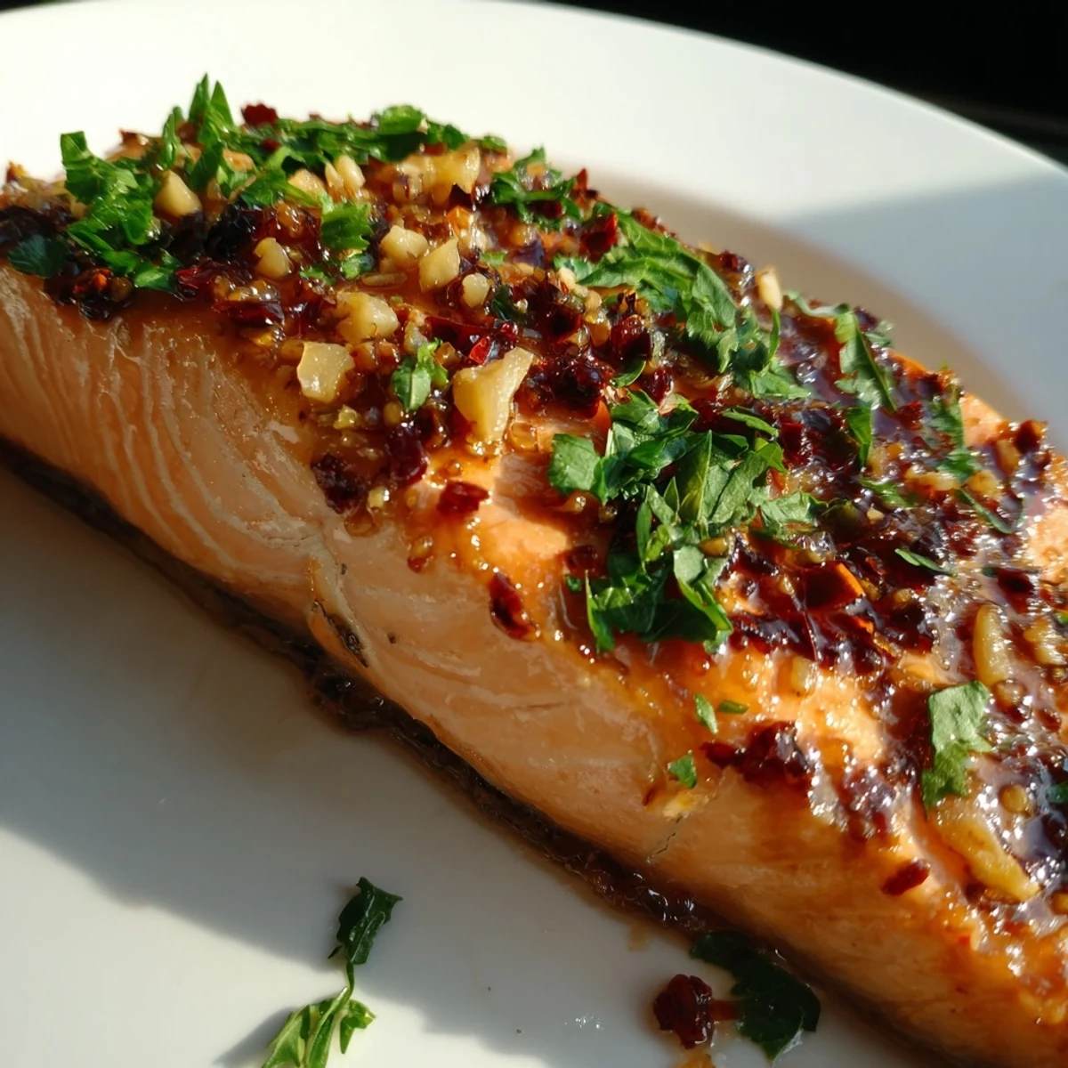 Freshly baked Baked Salmon with Honey Garlic Glaze, glistening and topped with chopped parsley on a plate, ready to serve.