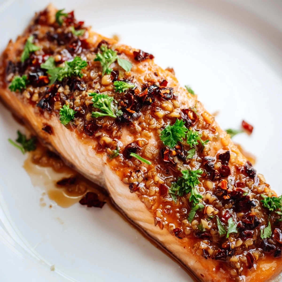 Golden brown Baked Salmon with Honey Garlic Glaze, brushed with sauce and garnished with fresh herbs for a weeknight dinner.
