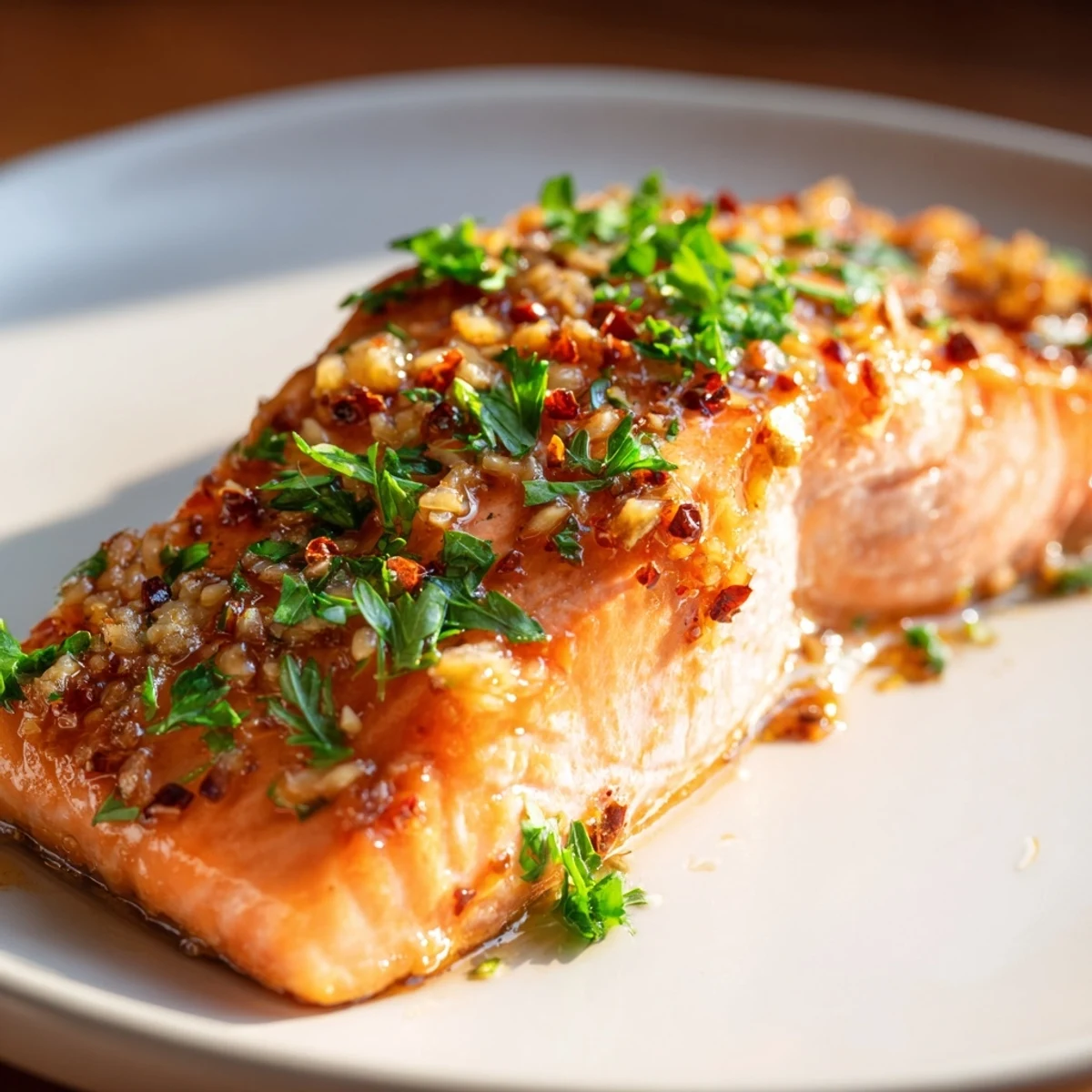 Flaky, oven-cooked salmon fillet coated in sticky honey garlic glaze, paired with lemon wedges for a bright finish.