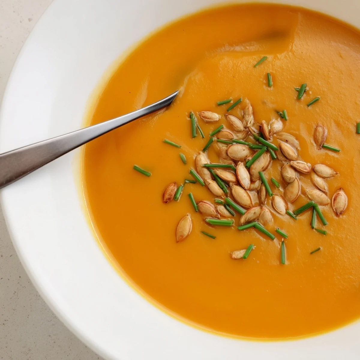 Creamy Pumpkin Soup with Pumpkin Seeds steaming in a bowl, garnished with toasted seeds and fresh herbs.