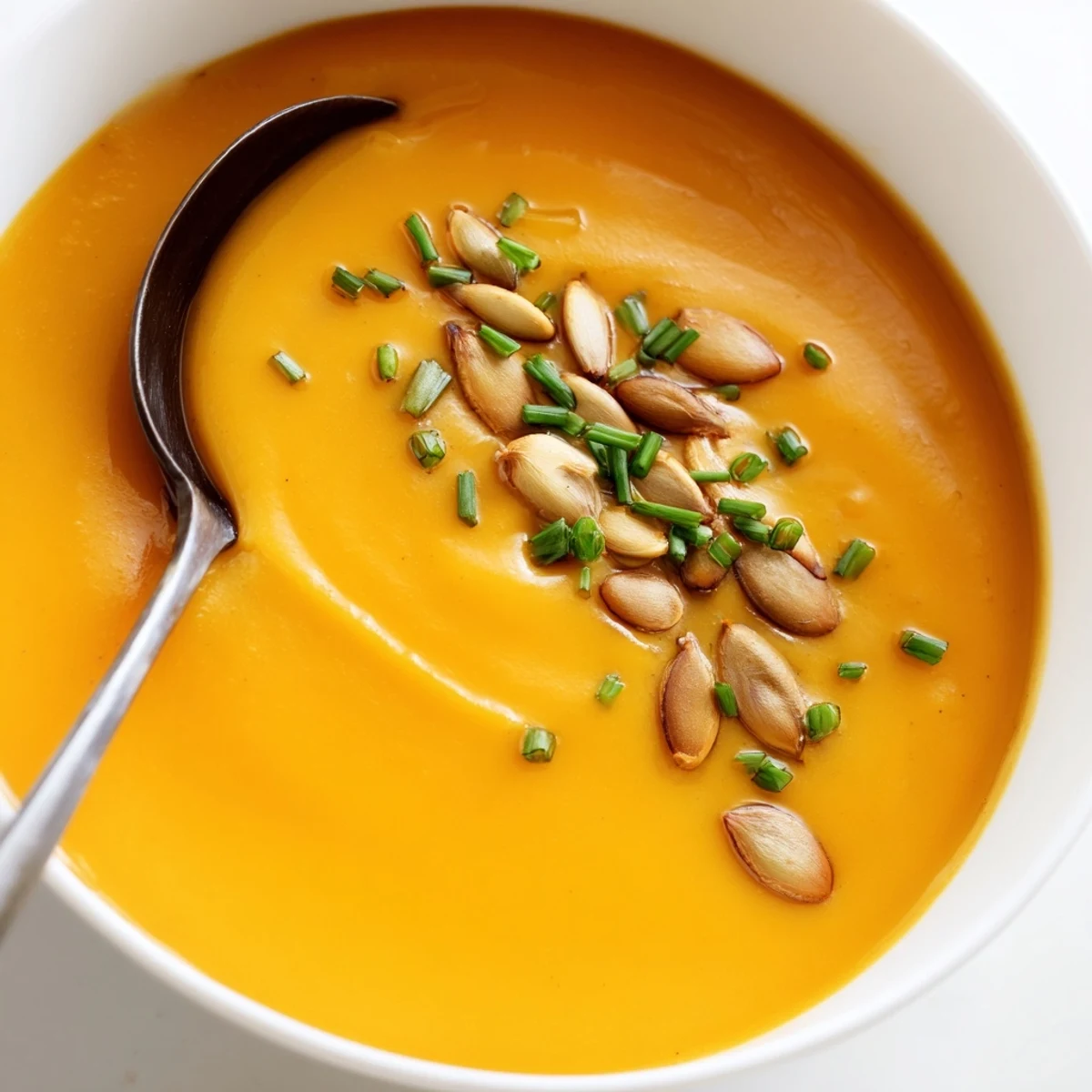 A bowl of Creamy Pumpkin Soup with Pumpkin Seeds, rich with spices and a drizzle of cream.