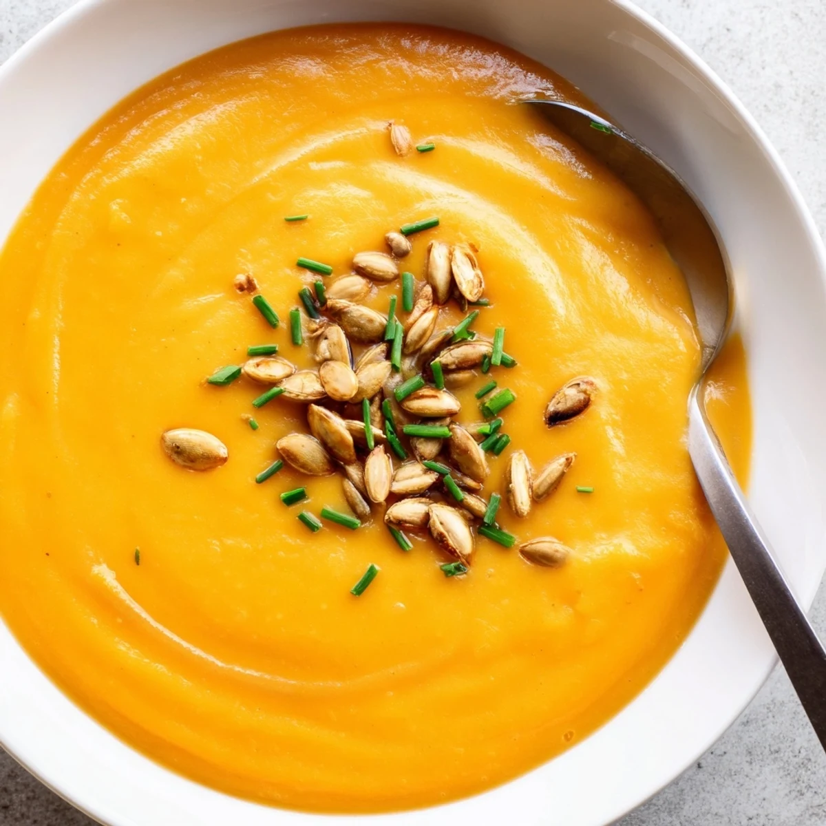 Served Creamy Pumpkin Soup with Pumpkin Seeds, alongside crusty artisan bread for dipping.