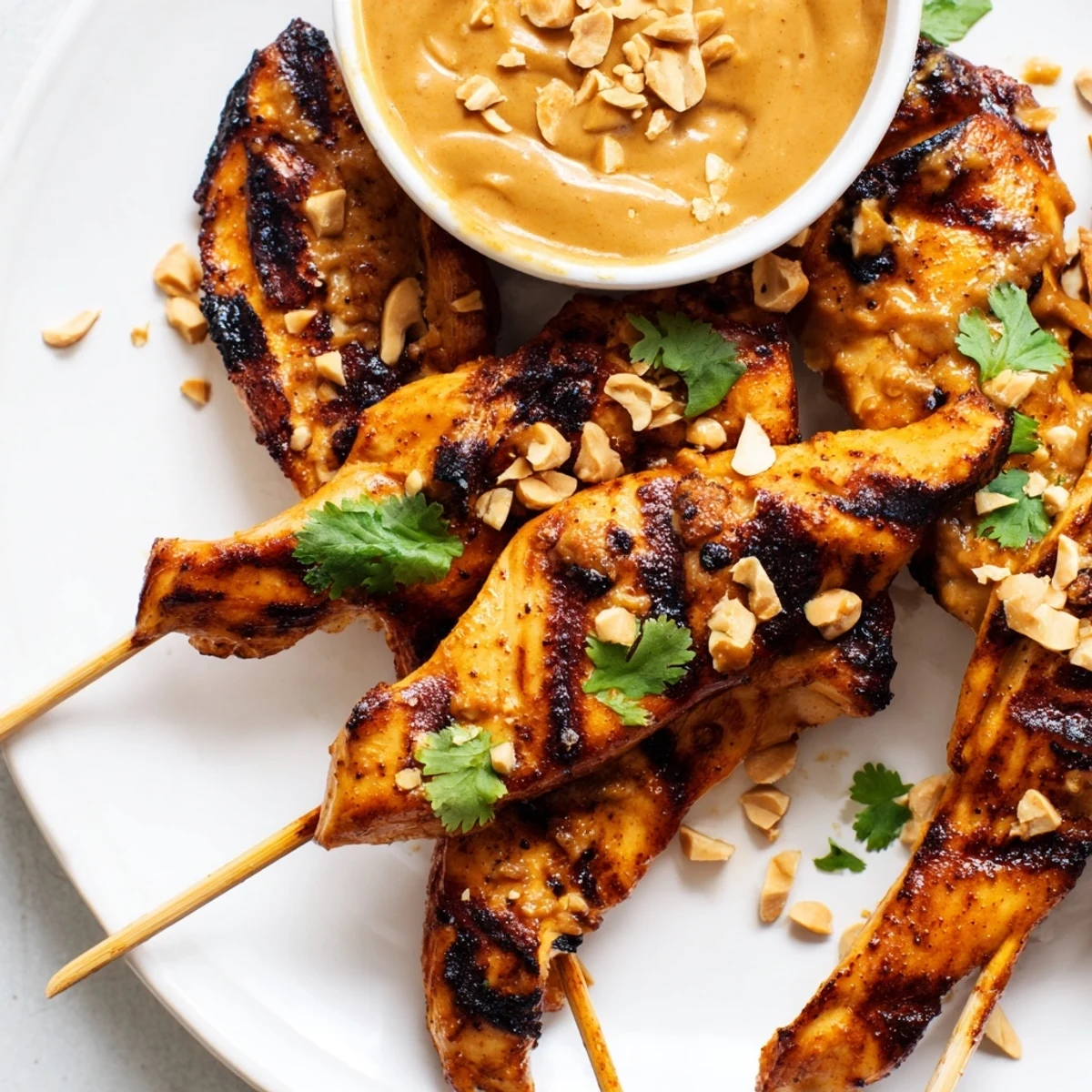 Perfectly charred Chicken Satay Skewers with Peanut Dipping Sauce served over jasmine rice for dinner.