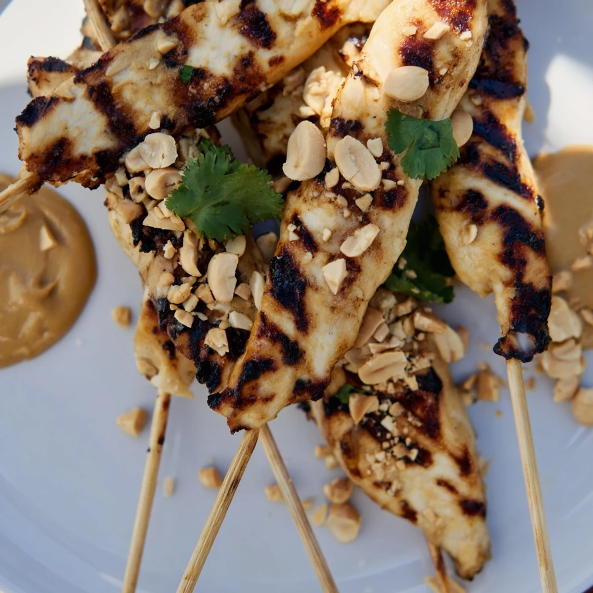 Golden-brown grilled Chicken Satay Skewers with Peanut Dipping Sauce on a platter with lime wedges and peanuts.