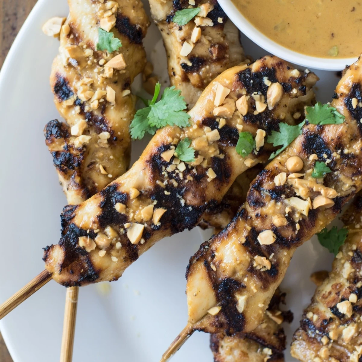 Freshly prepared Chicken Satay Skewers with Peanut Dipping Sauce garnished with cilantro on a wooden board.