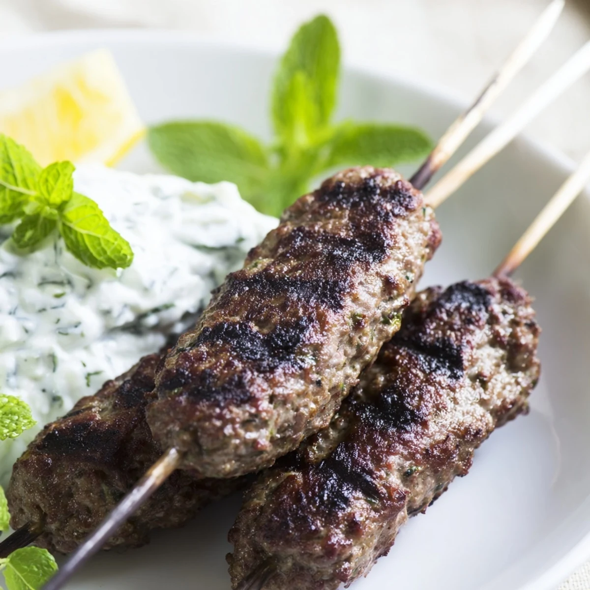 Golden-brown grilled Beef Kofta Kebabs with Tzatziki on a platter, garnished with fresh parsley and lemon wedges for a Mediterranean dinner.