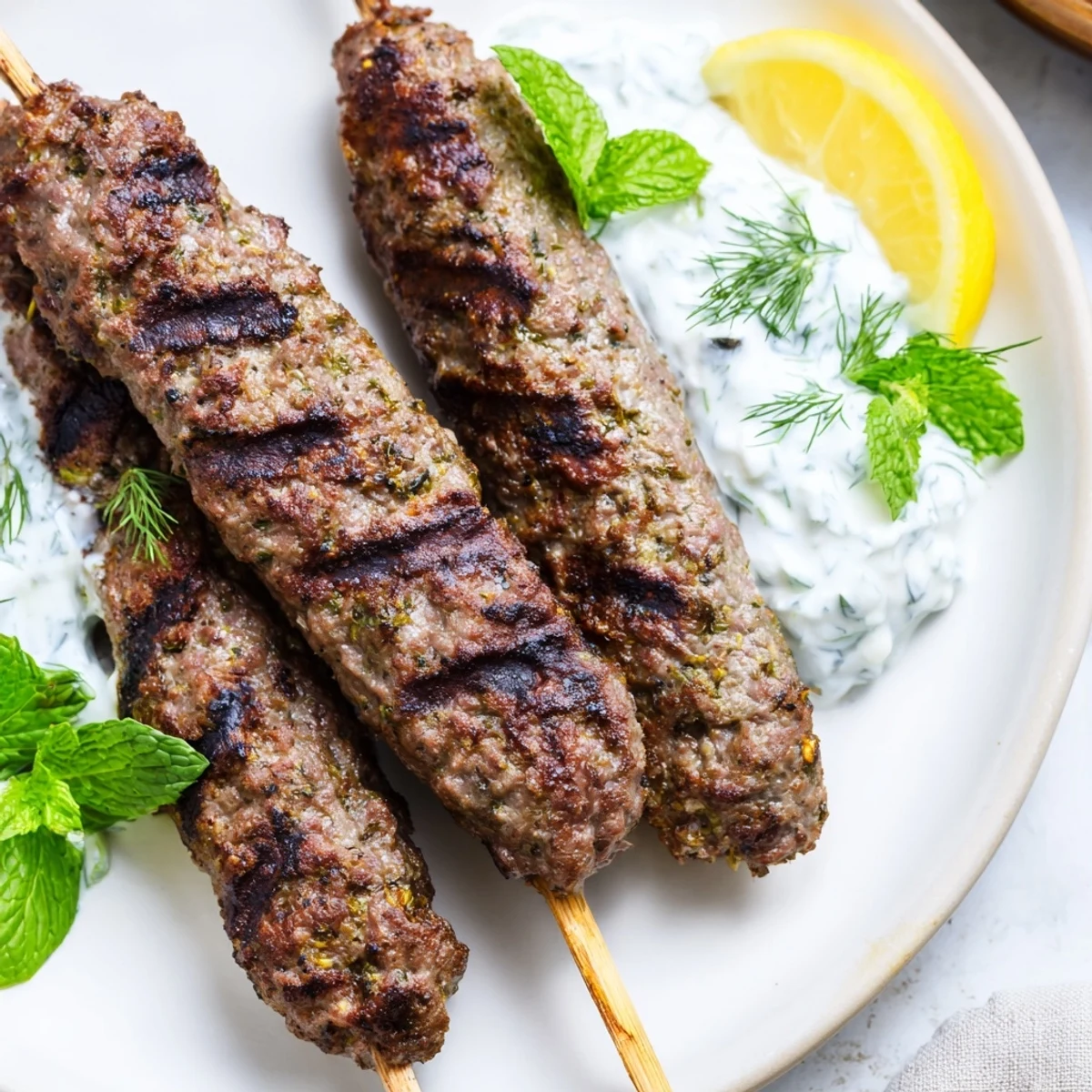 Close-up of juicy, spiced Beef Kofta Kebabs with Tzatziki sauce, served with cherry tomatoes and red onion on a rustic table.