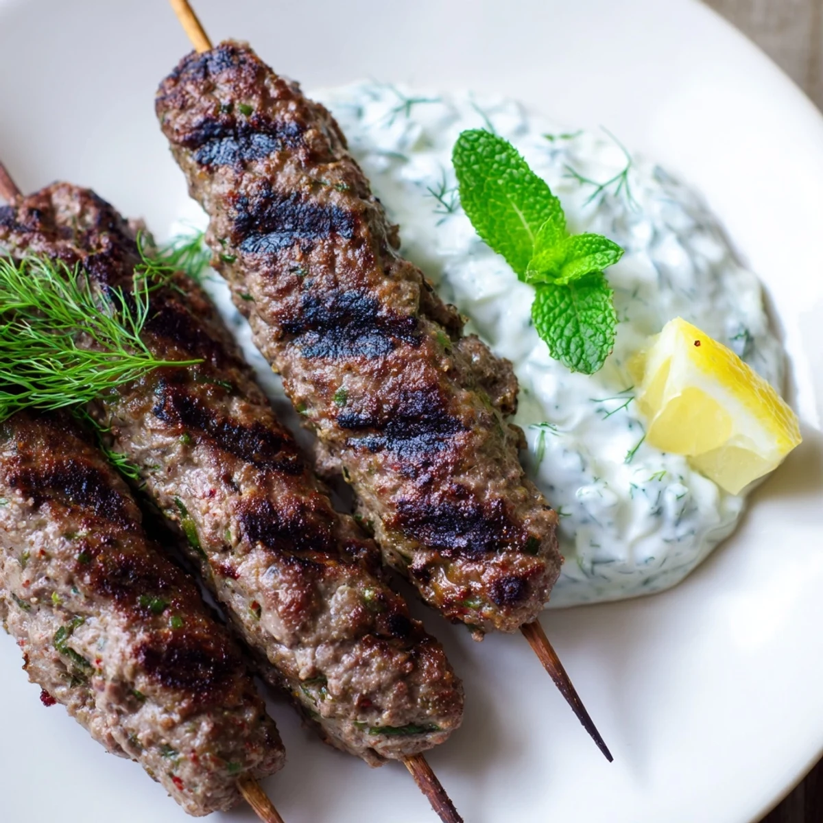 Sizzling hot Beef Kofta Kebabs with Tzatziki and warm pita bread, ready to serve for a delicious family meal.