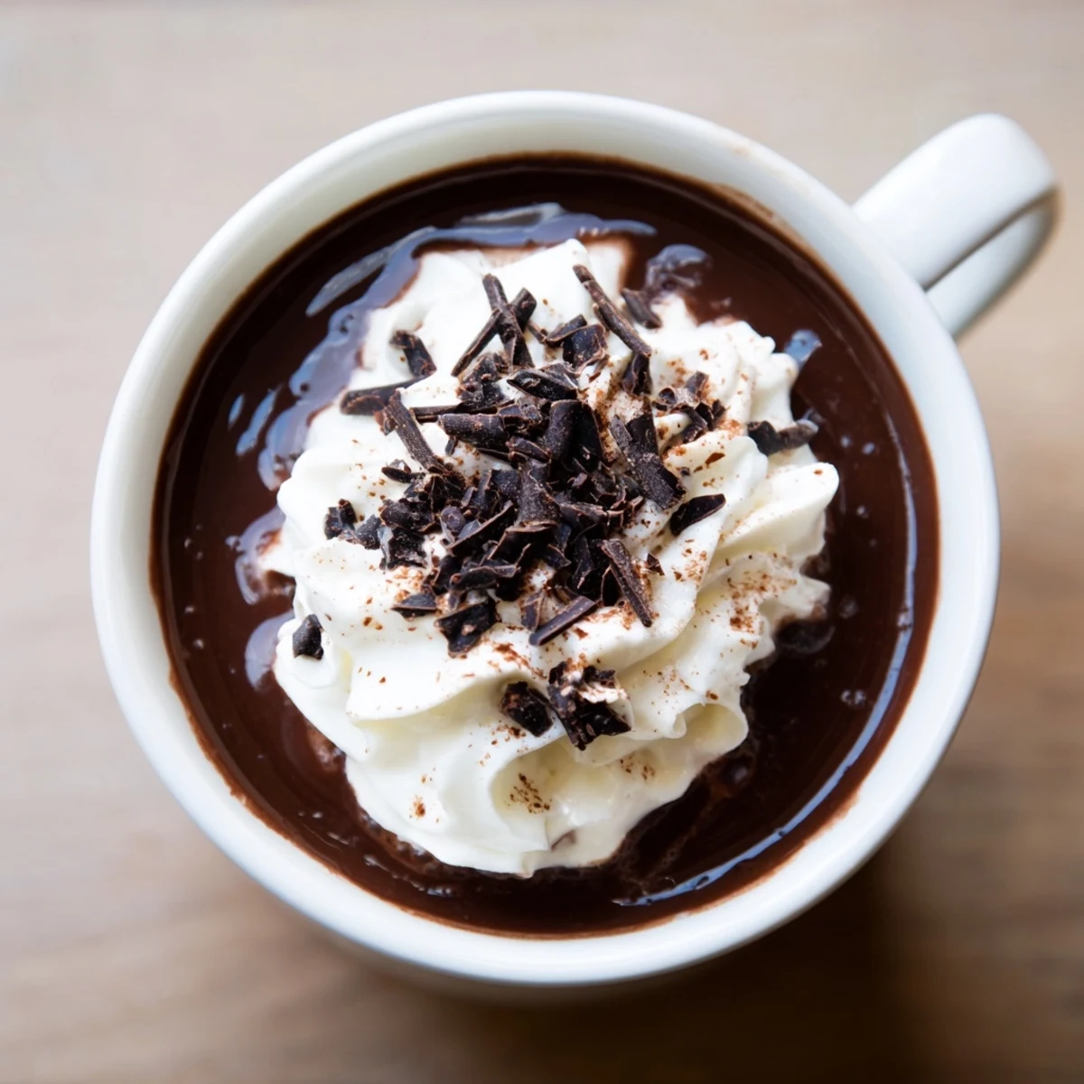 Two steaming mugs of Spiced Hot Chocolate with Whipped Topping sit beside cinnamon sticks.