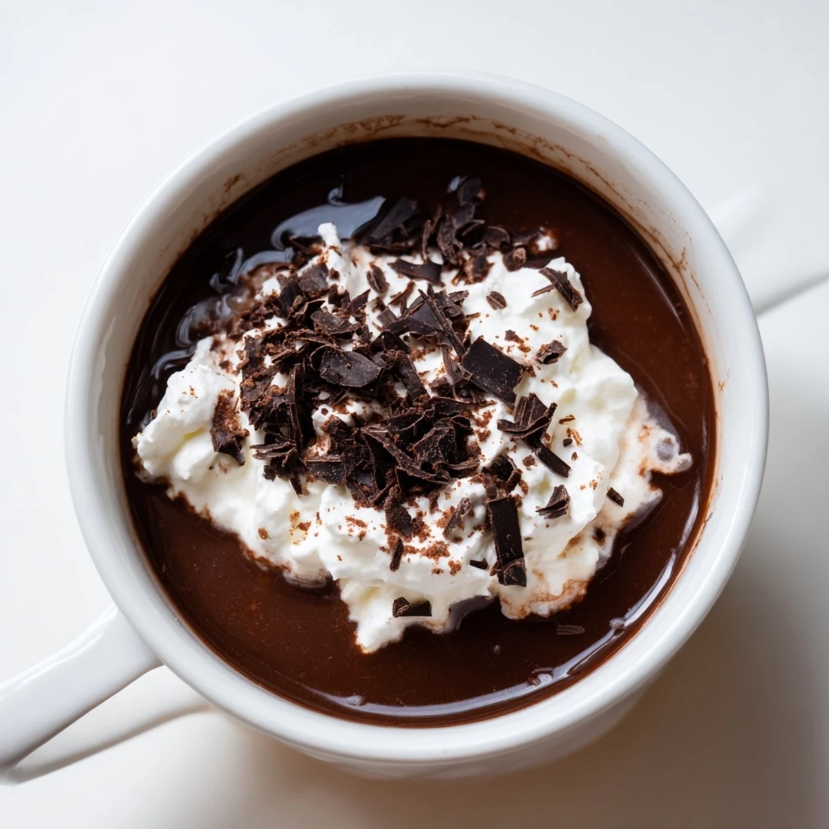 Creamy Spiced Hot Chocolate with Whipped Topping in a rustic mug on a wooden table.