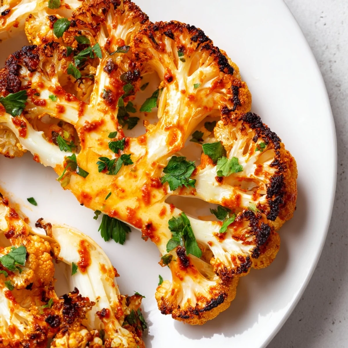 Golden-brown roasted cauliflower steaks with harissa glaze are garnished with fresh parsley on a white plate.