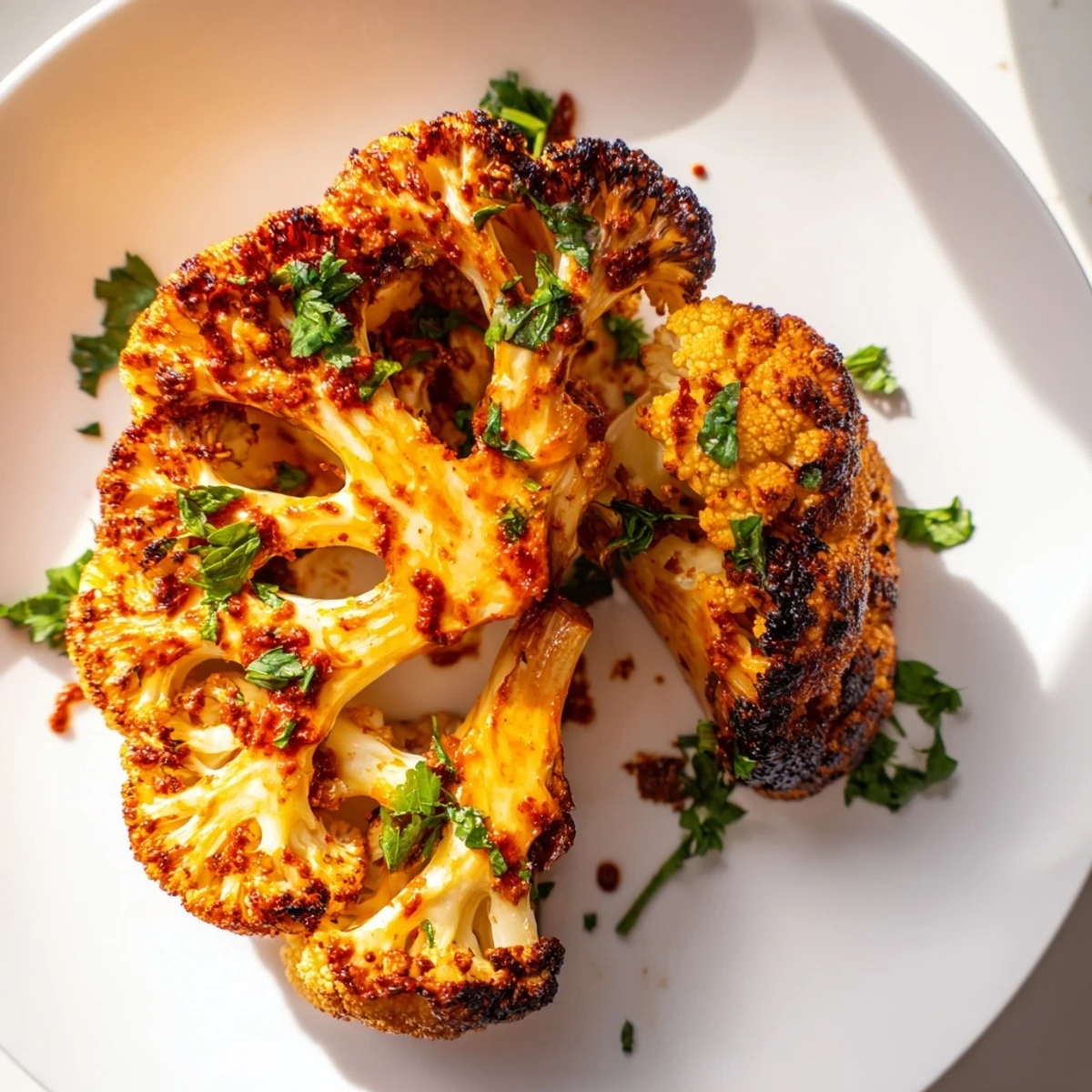 Caramelized Roasted Cauliflower Steaks with Harissa rest on a baking sheet next to a small bowl of glaze.