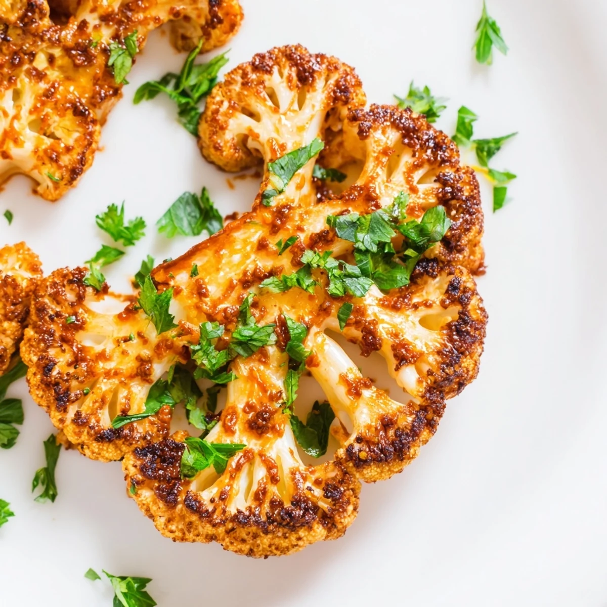 Vibrant Roasted Cauliflower Steaks with Harissa are plated with couscous and a dollop of dairy-free yogurt.