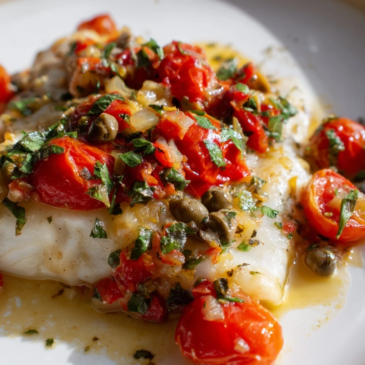 Golden-baked cod fillets glisten under a vibrant cherry tomato sauce, flecked with fresh basil and garlic.