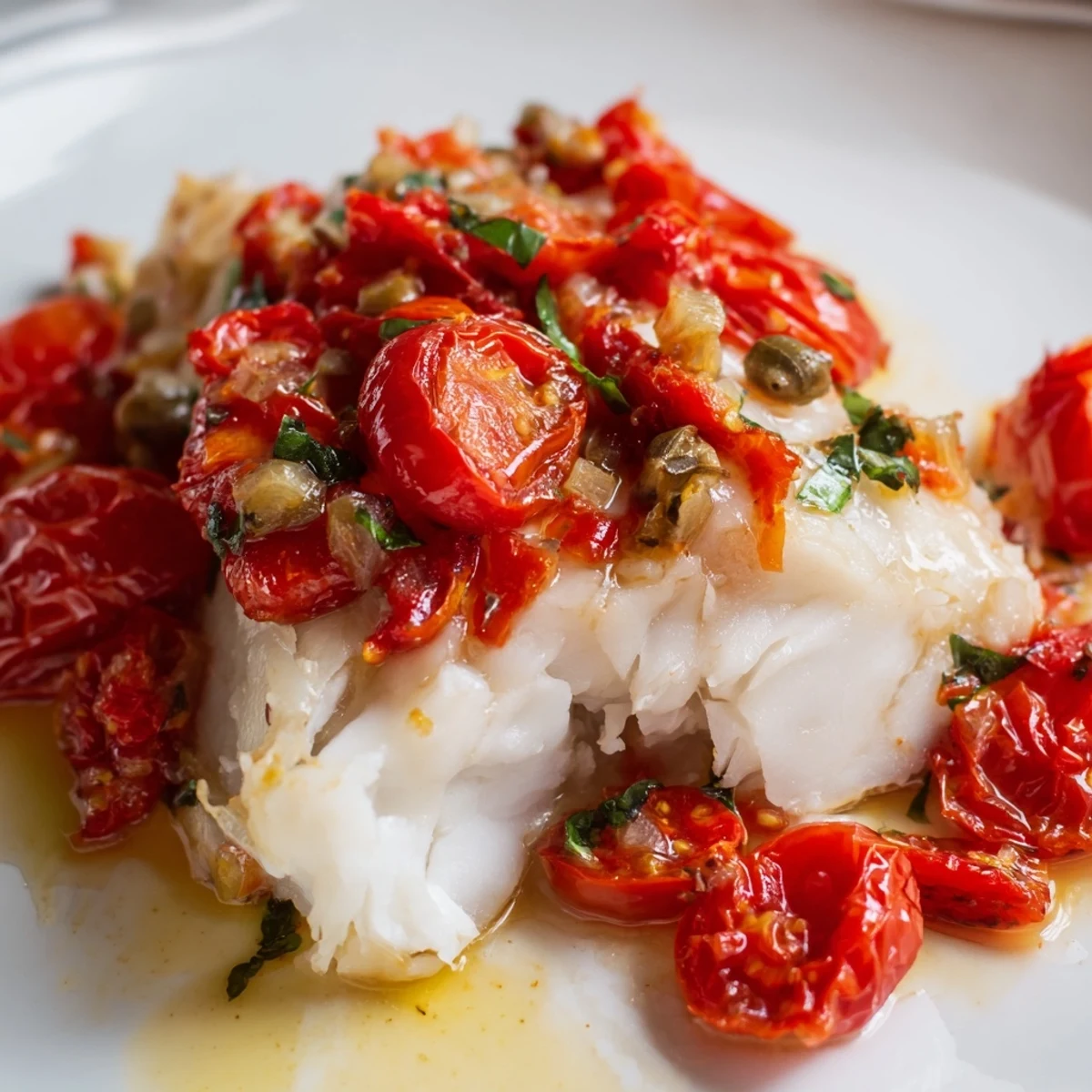 Fork-tender baked cod sits in a bubbling cherry tomato sauce, with lemon zest and capers.