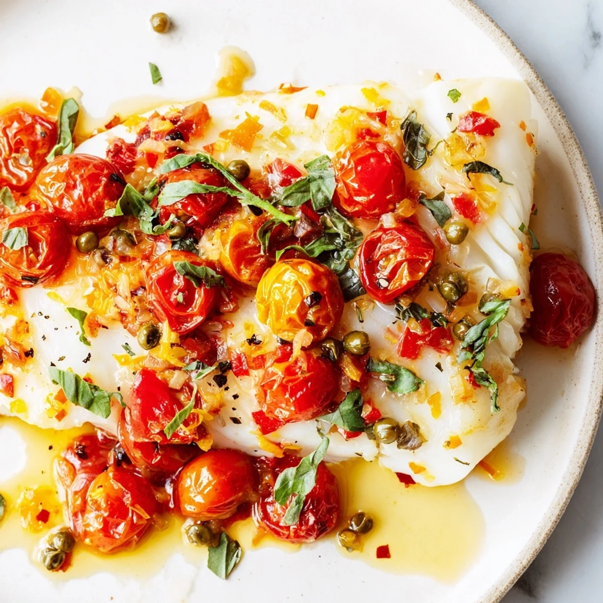 Savory Baked Cod with Cherry Tomato Sauce plated on white, garnished with parsley for a healthy dinner.