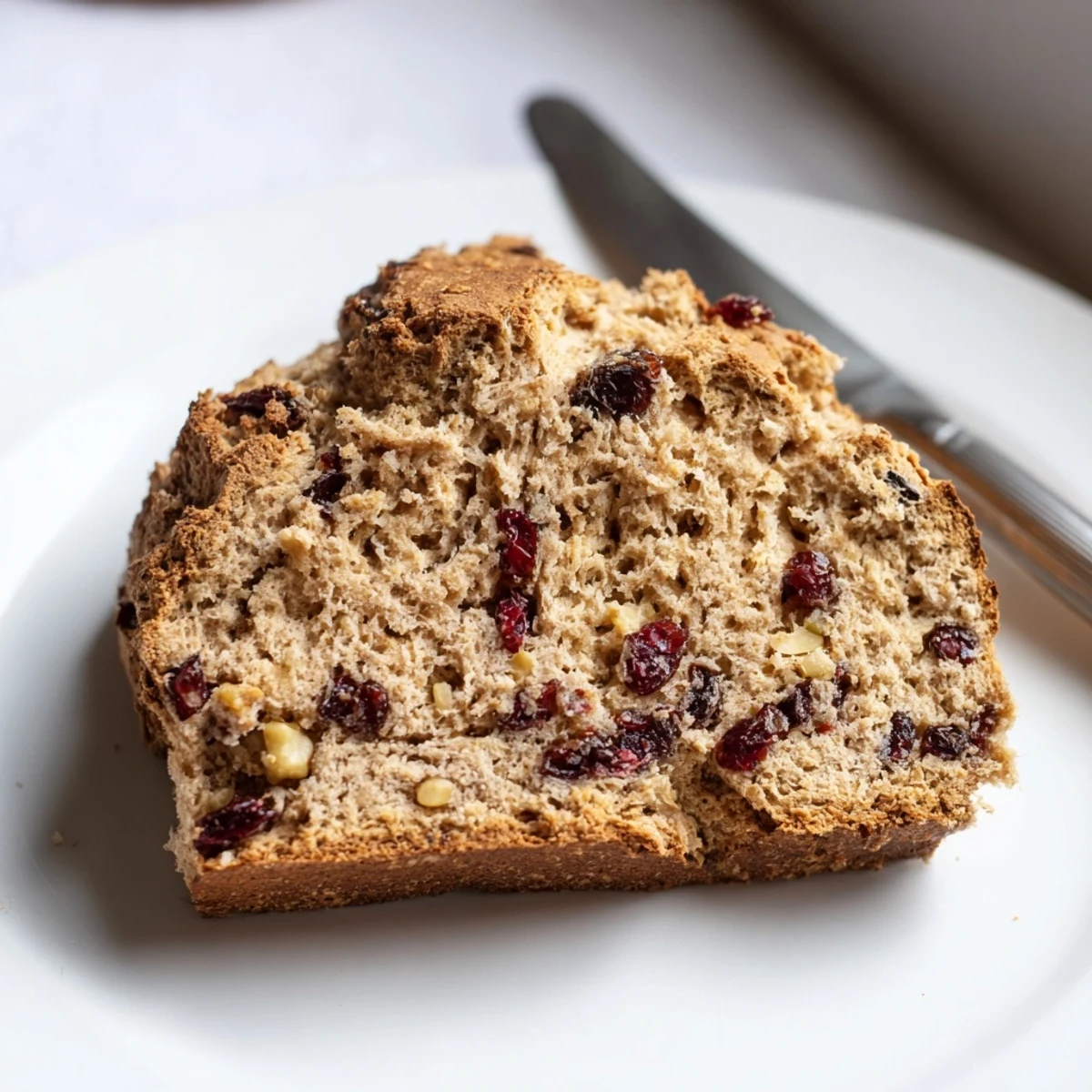 Freshly baked Cranberry and Walnut Soda Bread with a deep cross cut on top, brushed with buttermilk and ready to serve.