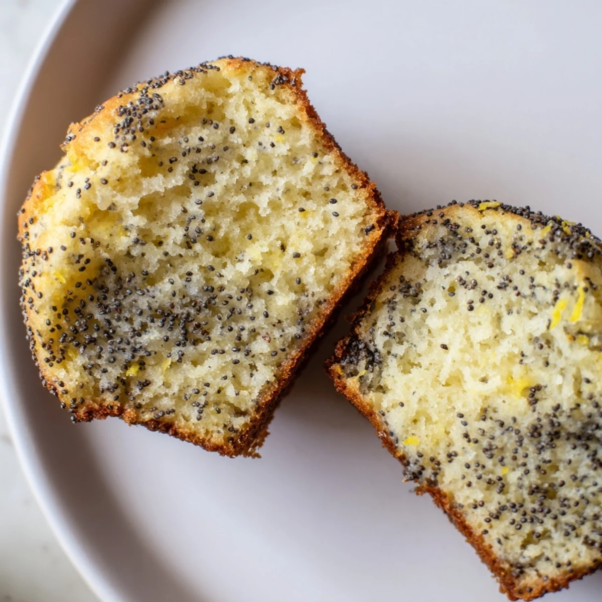 Twelve golden Lemon Poppy Seed Muffins with Yogurt sit on a cooling rack, revealing moist, fluffy crumb interiors and crunchy poppy seed specks.